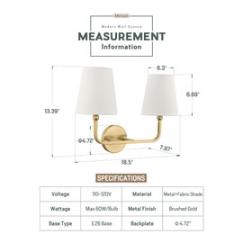 METWET 2 Light Bathroom Light Fixtures, Brushed Gold Vanity Lights, Double Wall Sconce with Beige Fabric Shade, Modern Sconces Wall Lighting for Hallway Bedroom Stairway, VL837-BG-B-2