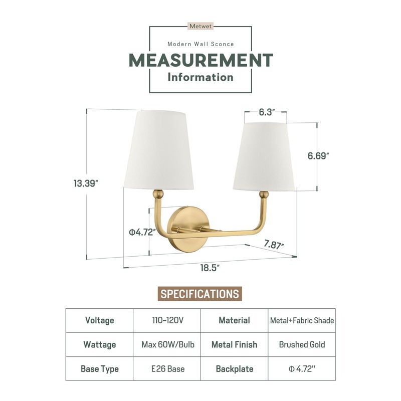 METWET 2 Light Bathroom Light Fixtures, Brushed Gold Vanity Lights,
