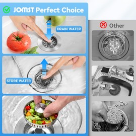 3-in-1 Stainless Steel Kitchen Gadget, JOMST Kitchen Sink Drain Strainer – Fast Drain, Water-Saving Stopper & Odor Blocker, 10,000 Pop-Up Tested, Fits Standard 3½″ Sink Drains