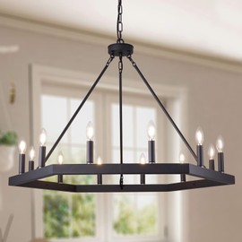 Wellmet Black Farmhouse Chandelier 40" Diameter, 12 Light Large Chandeliers for High Ceilings, Wild West Hexagon Wagon Wheel Light Fixture for Foyer, Dining Room, Living Room
