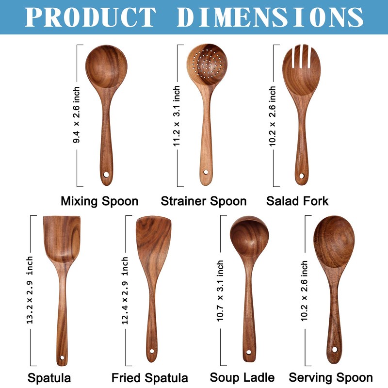 Wooden Non-Stick Kitchen Pan Toolset 7 Pieces Set,100% Natural Teak