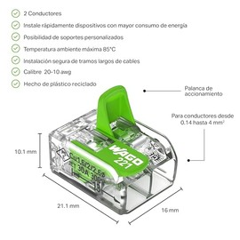 Wago | Conector De Empalme Eléctrico De Palanca, 100 Piezas, 2 Polos, Plástico Reciclado, Calibre 12–24 Awg