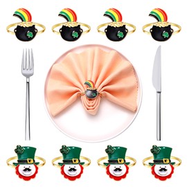 12 PCs St Patrick's Day Napkin Rings Enamel Leprechaun Shamrock Napkin Rings Irish Pot of Gold Lucky Clover Metal Serviette Buckles Holder Table Decorative Adornment Gift for Festival Party