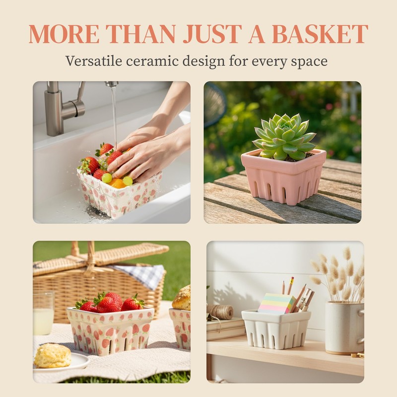 Ceramic Berry Basket, Farmhouse Colander, Strawberry Decor, Fruit Bowls, Fruit