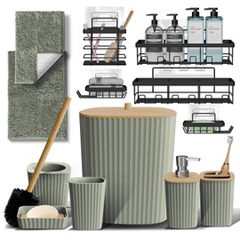 Clara Clark Bathroom Set - Sage Green Bathroom Accessories Set, 6PC Bathroom Accessory Set, Bathroom Sets with Bathroom Rugs, Adhesive Corner Shower Caddy Hanging, Toilet Brush & Trash Can