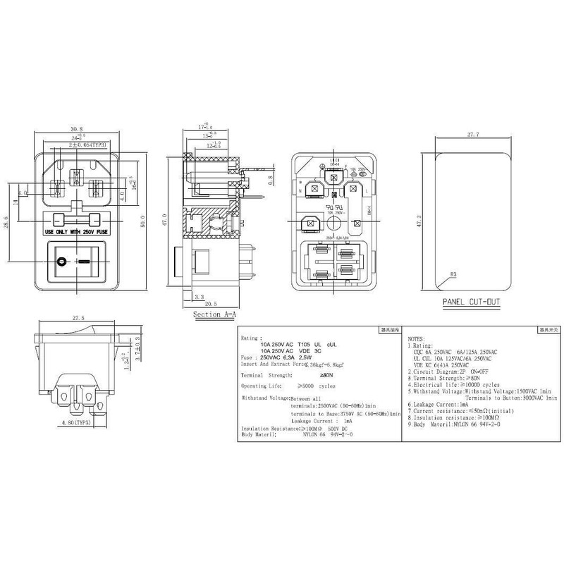 DEVMO 2pcs 10A 250V Rocker Switch Power Socket Inlet Module