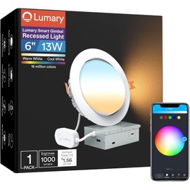 Lumary Smart Gimbal Recessed Lighting 6 Inch, 355°+20° Adjustable RGBWW Led Downlight, Canless with Junction Box, Wi-Fi Bluetooth 13W 1000lm CRI 90, Compatible with Alexa Google Assistant, 1 Pack