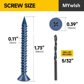 Mywish 100Pcs 3/16 x 1-3/4 Concrete Screws, Stucco Screws Anchor with Drill Bit, Flat Phillips Head Self Tapping Masonry Screws, Cement Screws for Anchoring to Masonry Concrete Block Brick Stucco
