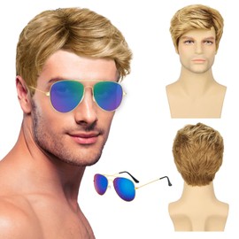 DAVBNM Men's Short Blonde Wavy Hair Wig, Daily Use Costume Wig for 80s Disco Style and 60s 70s Costume Accessories, Party, Music, Carnival