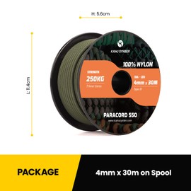 Kamu Synber 550 Paracord 4mm 30m Type III 7 Strands 100% Nylon Rope Parachute Cord Ideal for Crafting, DIY, Camping, Survival, Outdoor | Support 250kg | Army Green