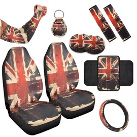 Uskorhein 11 Set UK Flag Front Seat Car Seat Covers, Union Jack Vehicles Cup Holder Coasters Steering Wheel Cover, Watercolor Retro Flags Sun Protection Arm Sleeves
