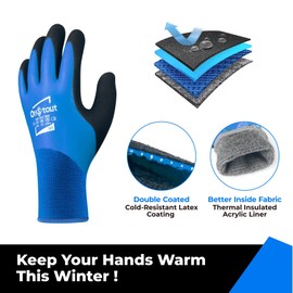 Thermal Work Gloves for Cold Weather, Waterproof Winter Gloves, Touchscreen, Super Grip, for Gardening, Fishing, Car Washing, Freezer Gloves, Blue, Large
