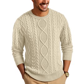 RQP Mens Crewneck Sweater Cable Knit Sweater Classic Fisherman Pullover Sweater,Off White