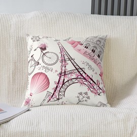 Eiffel Tower Throw Cushion Covers 45 x 45 cm Pink Floral Bedroom Decoration Cushion Covers Romantic Theme Couple Cushion Covers Paris Cityscape Printed Stylish Decorative Cushion Covers for Girls