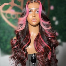 SISIFIRE Pink Highlight Lace Front Wigs for Women Pre-plucked Hairline Glueless 13X4 Inch Synthetic Lace Front Wig with Baby Hair Long Loose Body Wave Wigs
