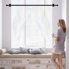 MEXAU Black Tension Curtain Rods 28 to48 Inch Small Curtain Rods No Drilling Short Tension Rod Adjustable Spring Curtain Rod for Windows Door Closet Pressure Curtain Rod With One Set Rod Holders