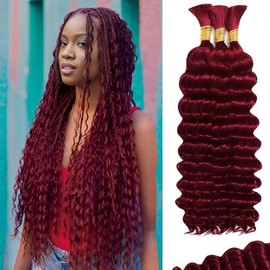 CIFENDIN Human Braiding Hair for Boho Braids 110g 18 Inch Burgundy Curly Boho Hair for Braiding Knotless 12A Deep Wave Wet and Wavy Bulk Bohemian 3 Bundles/Pack Color 99J