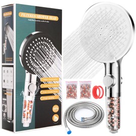BOSCOW Duschkopf mit Filter, Kalkfilter Dusche mit 1,5 m Schlauch, Duschfilter für hartes Wasser mit Stoppfunktion, 3-fach Filtration und 5 Strahlarten, Zusätzlich 2 Packungen Mineralkugeln Armaturen