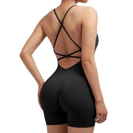 RXRXCOCO Spaghetti Strap Sleeveless Ribbed Push Up Scrunch Booty Jumpsuit Women's Tight Backless Padded Jumpsuit Tummy Control Short Yoga Sports One Piece Romper, black