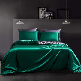 YASMENG Satin Bed Linen 135 x 200 cm Green Dark Grey Reversible Bed Linen Plain Silk Bed Linen Satin Smooth Shiny Silky Deluxe Soft Bed Linen 2-Piece with Zip and 80 x 80 cm Pillowcase