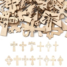 Airssory 100 pcs Mixed Shaped Unfinished Blank Cross Wood Cutout Charms Religious Crucifix Jesus Wood Slices for DIY Painting Art Craft Home Wall Party Embellishments