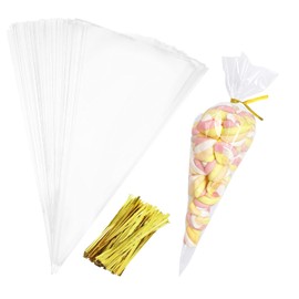 100Pcs Cone Cellophane Bags, 16 * 30CM/6.3 * 11.8IN Plastic Popcorn Cone Bags with 100Pcs Twist Ties for Treats Candy Favor, Candy Bags for Party Christmas Gift Wrapping, Middle