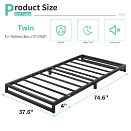 Lutown-Teen 4 Inch Twin Size Bed Frames Heavy Duty Metal Twin Platform Bed Frame No Box Spring Needed, Noise Free, Easy Assembly, Black
