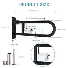 Toilet Grab Bar 22.4 Inch Black, Munzong Anti-Slip Handicap Grab Bars with Paper Holder, Flip-Up Bathroom Safety Rails, Stainless Steel Knurled Support handrails for Seniors Elderly Disabled Pregnant