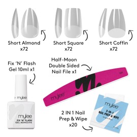 Mylee Fix N Flash Soft Gel Tips Shorts Kit, 3 shapes, 216pcs, Almond, Square & Coffin, Includes Gel, Prep Wipes & Half-moon Nail File, Full Cover, Nail Art Extensions, Flexible & Resistant