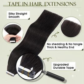 Benehair Tape-In Real Hair Extensions, 20 Pieces, 20 g, Invisible Tape Extensions, Real Hair, Remy Natural Tapes, 30 cm, Dark Black #1