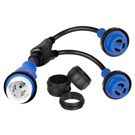 Marine Shore Power Y Splitter SS2-50P Male 50A to (2) L5–30R Female w/Locking Ring & Collar, 50A to Dual 30A Shore Power Cord