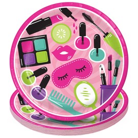 HOME & HOOPLA Spa Pamper Party Supplies - Beauty & Makeup Round Paper Dessert Plates for 16 Guests