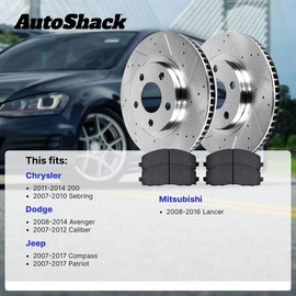 AutoShack 10.31" (261.8 mm) Rear Solid Drilled & Slotted Brake Rotors Coated + Ceramic Brake Pads Replacement for 2007-2017 Jeep Patriot Silver Zinc Coated 6-PC Brake Kit SilverShield Pro