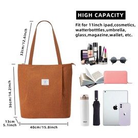KALIDI Waterproof Corduroy Tote Bag with Zipper Casual Hobo Shoulder Bag Handbag Large Capacity Cord Tote Bag Women Shopping Bag for School Work College Daily Use,Brown