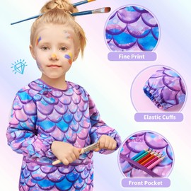 WERNNSAI Mermaid Art Smock for Kids- Kids Aprons for Girls Waterproof Toddler Art Smock Painting with Long Sleeve and 3 Pockets Little Girls Painting Eating Cooking Baking Gardening Water Play Apron