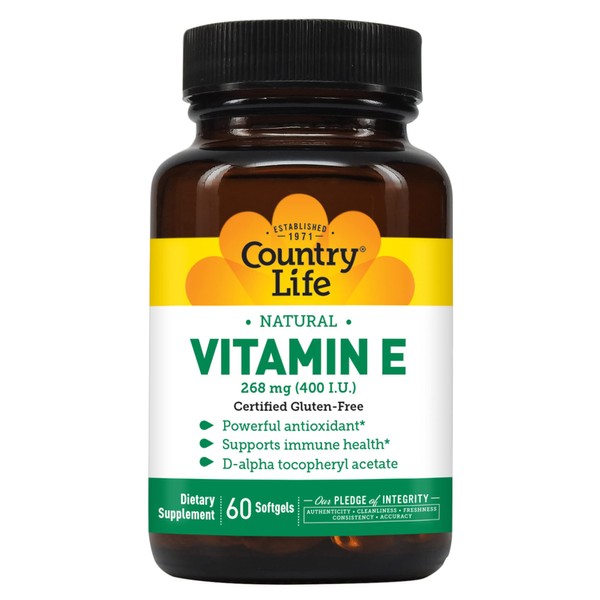 Country Life Natural Vitamin E, 268mg (400 IU), Supports Immune Health, 60 Softgels, Certified Gluten Free