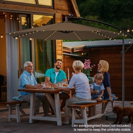 HAPPYGRILL 10FT Solar-Powered Patio Umbrella with 112 LED Lights, Tilt Design, Crank Handle, Cross Base Stand, Outdoor Offset Hanging Market Umbrella for Pool Garden Yard Deck