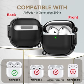 Maxjoy for AirPods 4 Case with Lock, Cute AirPods 4 Case Lock Protective Hard AirPod 4 Generation Cover for Women Men with Keychain Clip for AirPod 4th Generation Cover 2024, Black