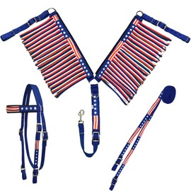 Tahoe Tack American Flag Double Layered Nylon Patriotic Padded Headstall, Reins and Breast Collar with Fringes 3 Items Set, Full Size