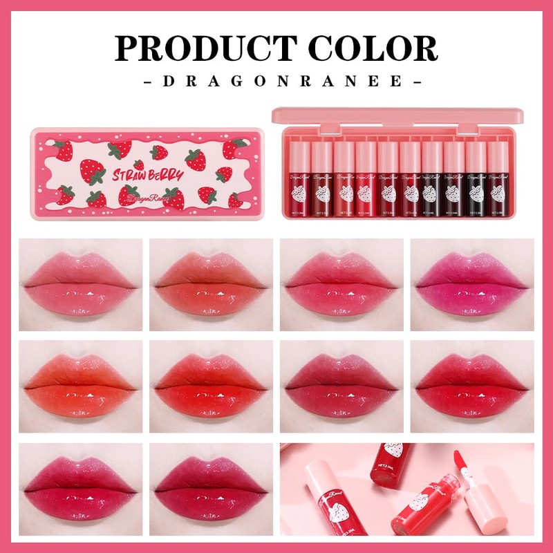 Strawberry Lip Tint Set, 10 pcs, Waterproof, Long-Lasting, High Pigment