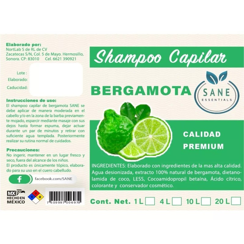 Sane Shampoo Bergamota Natural Sane Crecimiento De Cabello 4 Lt