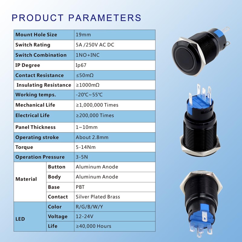Zoyseay 19mm Push Button Start Switch 12V LED 5A 250V
