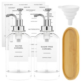 Coffee Syrup Dispenser Set, 16.9 oz (500 ml) Glass Syrup Bottles with Bamboo Tray, Pumper, Labels and Funnel, Precise Dispensing, Clear Syrup Pump Dispenser for Coffee Bar Home 3.2 x 8.7in (Silver)