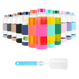 Luxfuel 18 oz Glass Bottles with Lids, Reusable Glass Water Bottles with Stainless Steel Cap, Leak Proof & BPA Free Glass Juice Bottles with Silicone Sleeve, Glass Bottles for Juicing, Set of 12