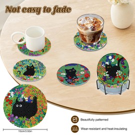 DOMROM 8 Pcs Diamond Painting Coasters Kits with Holder, Black Cat Diamond Art Coasters for Adults Beginners 5D DIY Diamond Coasters, Flowers Diamond Art Painting Kits Craft Supplies