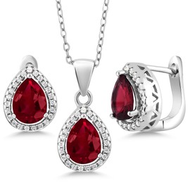 Pendant and Earrings Jewelry Set For Women | 925 Sterling Silver | Blue Simulated Sapphire Green Nano Emerald or Red Created Ruby | 6.50 Cttw | Pear Shape 9X7MM | with 18 Inch Silver Chain)