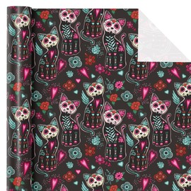 WRAPAHOLIC Day of the Dead Wrapping Paper - Mini Roll - 17 Inch x 16.5 Feet - Sugar Skull Cats and Floral Wrapping Paper for Day of the Dead, Holiday, Party