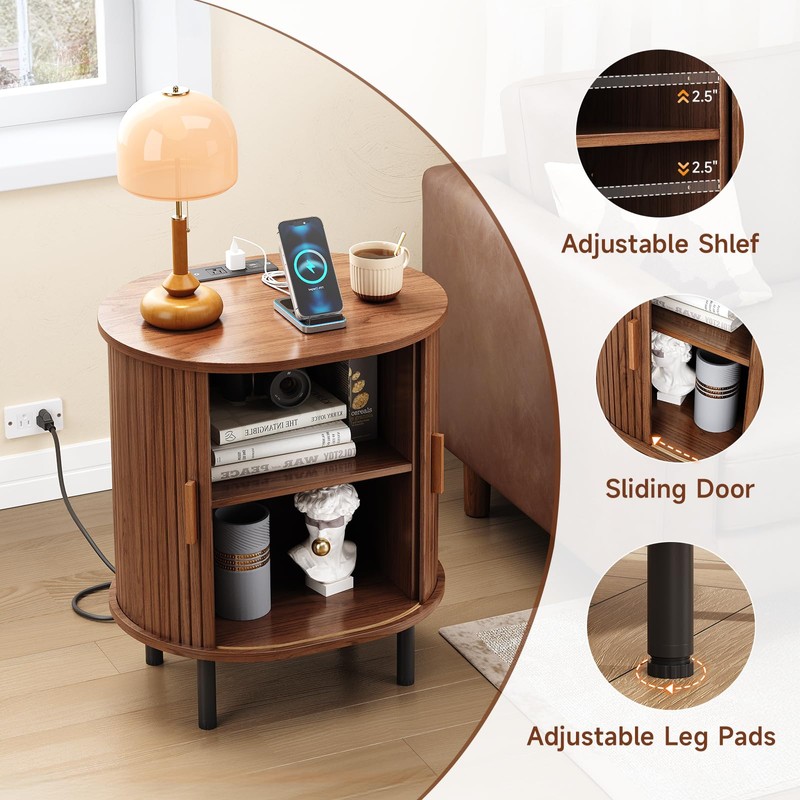 ONBRILL Oval End Table with Storage & Charging Station, Fluted