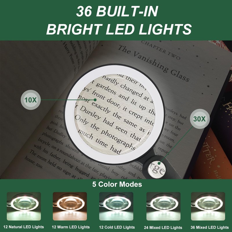 Magnifying Glass with Light, 10X 30X Handheld Real Glass Magnifier
