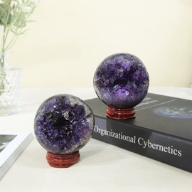 mookaitedecor Amethyst Geode Crystal Ball with Wooden Stand, Feng Shui Stone Ball Energy Cave for Home Office Decoration Chakra Balancing Meditation Divination, 61-70 mm